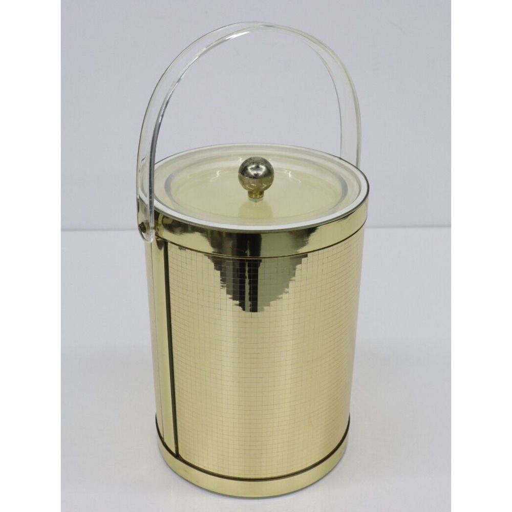 Vintage MCM Georges Briard Ice Bucket Mirror Gold "Disco" with Clear Handle 11.5